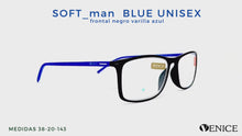 Cargar y reproducir el video en el visor de la galería, Gafas de lectura SOFT_man UNISEX varilla azul frontal negro
